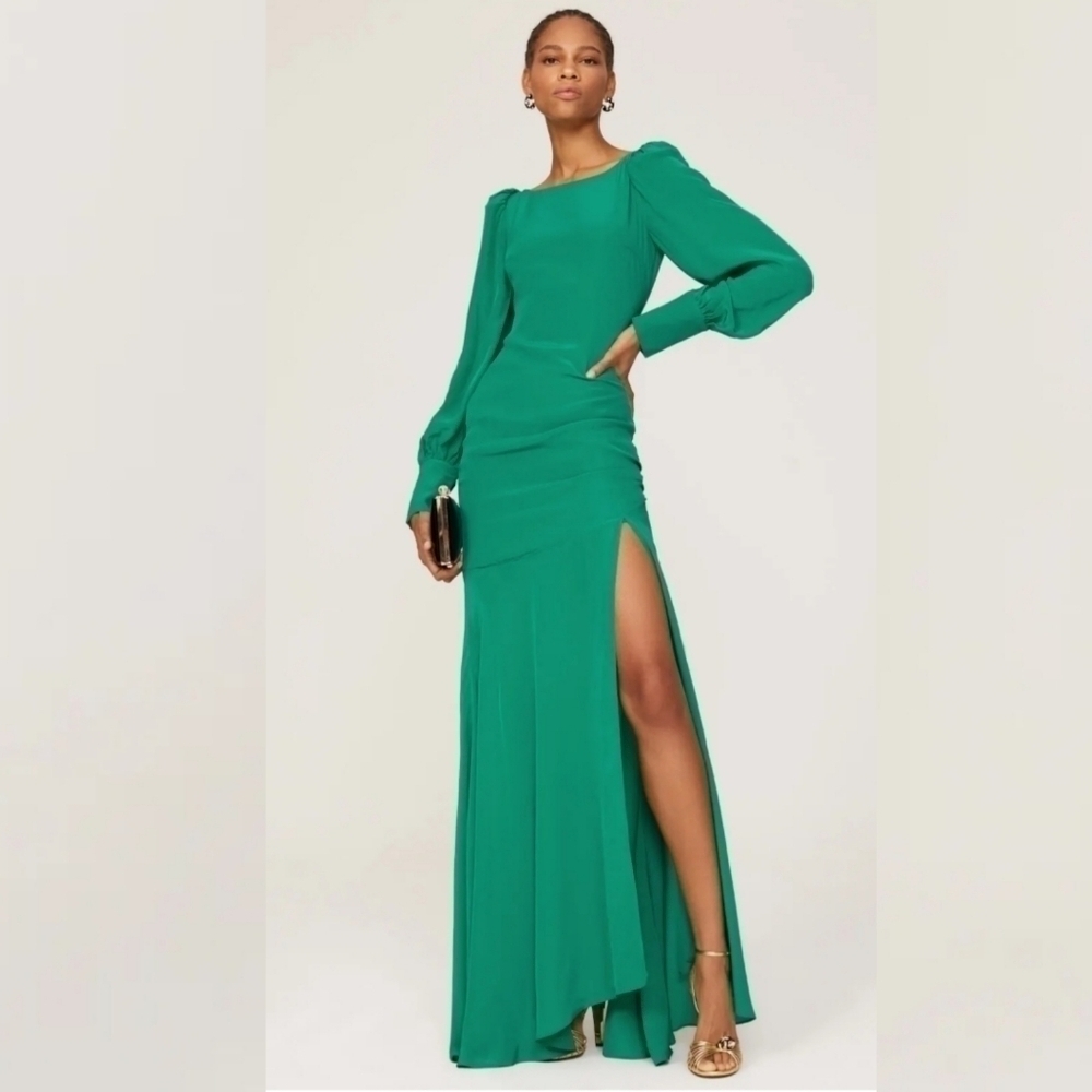 De La Vali Presley Green Drop Waist Long Gown Leg Slit Size 8